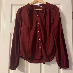 GAP Top Size S Women's Red Boho Ruffle Long Sleeve Button-Up Blouse